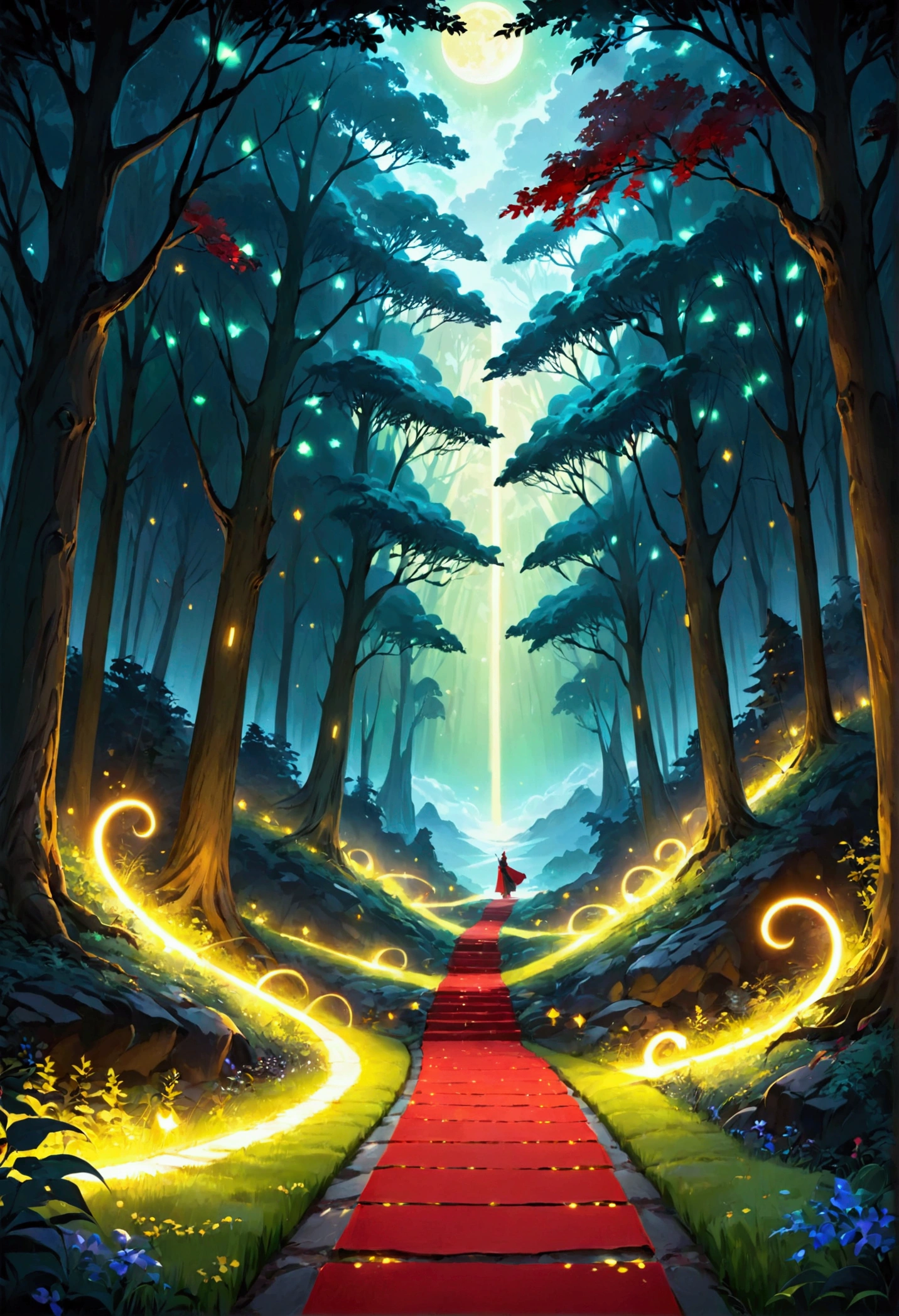Fantasy Forest、red、green、yellow、green、Luminous Path、Night Sky
