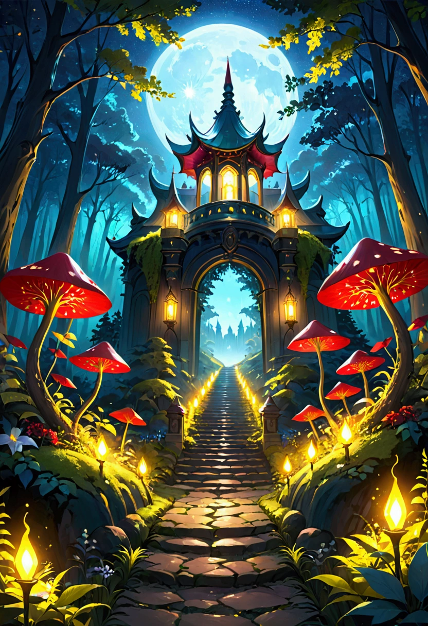 Fantasy Forest、red、green、yellow、green、Luminous Path、Night Sky