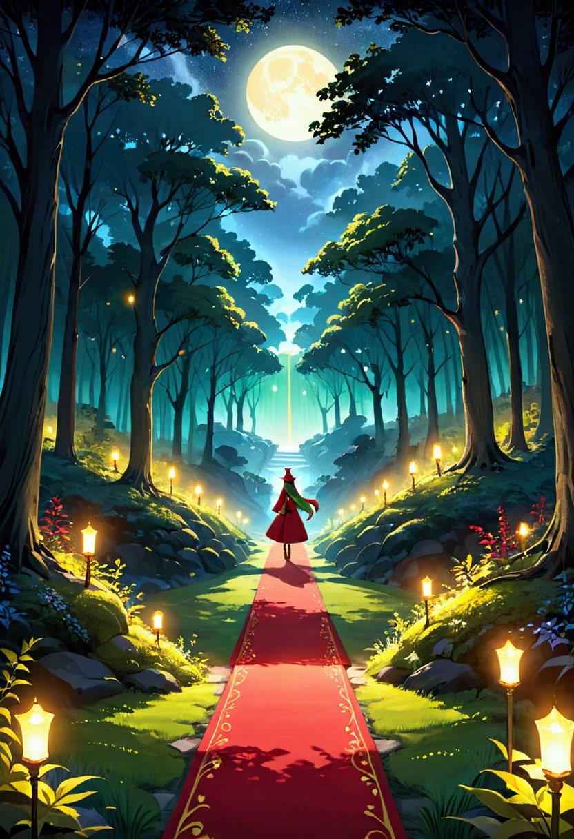 Fantasy Forest、red、green、yellow、green、Luminous Path、Night Sky