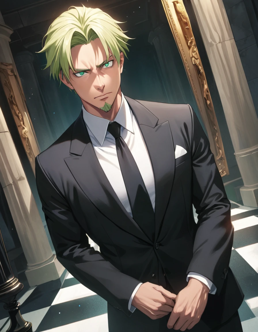 1man, man in black, vigorous mature, business hair with asymmetrical bangs, goatee, green platina blond hair, emerald eyes, BREAK 40yo, charming caucasian, slightly long chiseled face, deep set, angular jaw, facial wrinkles, crewcut, BREAK ideal ratio body proportions, middle weight muscular, beautiful detailed eyes, dark hero, best eyes, BREAK solo, funeral black suit, black necktie, white shirt, at wall street, detailed background, gloom, cool expression, natural standing, BREAK upperlegs, dramatic expression, in persona style, masculine comic art, 2010s, retro visual novel, in newest eroge style, dutch angle, cinematic shadows, cinematic lighting, lens flare, light leaks, texture, absurdres absolutely resolution, extreme all detailed, greatest painting, BREAK masterpiece, best quality