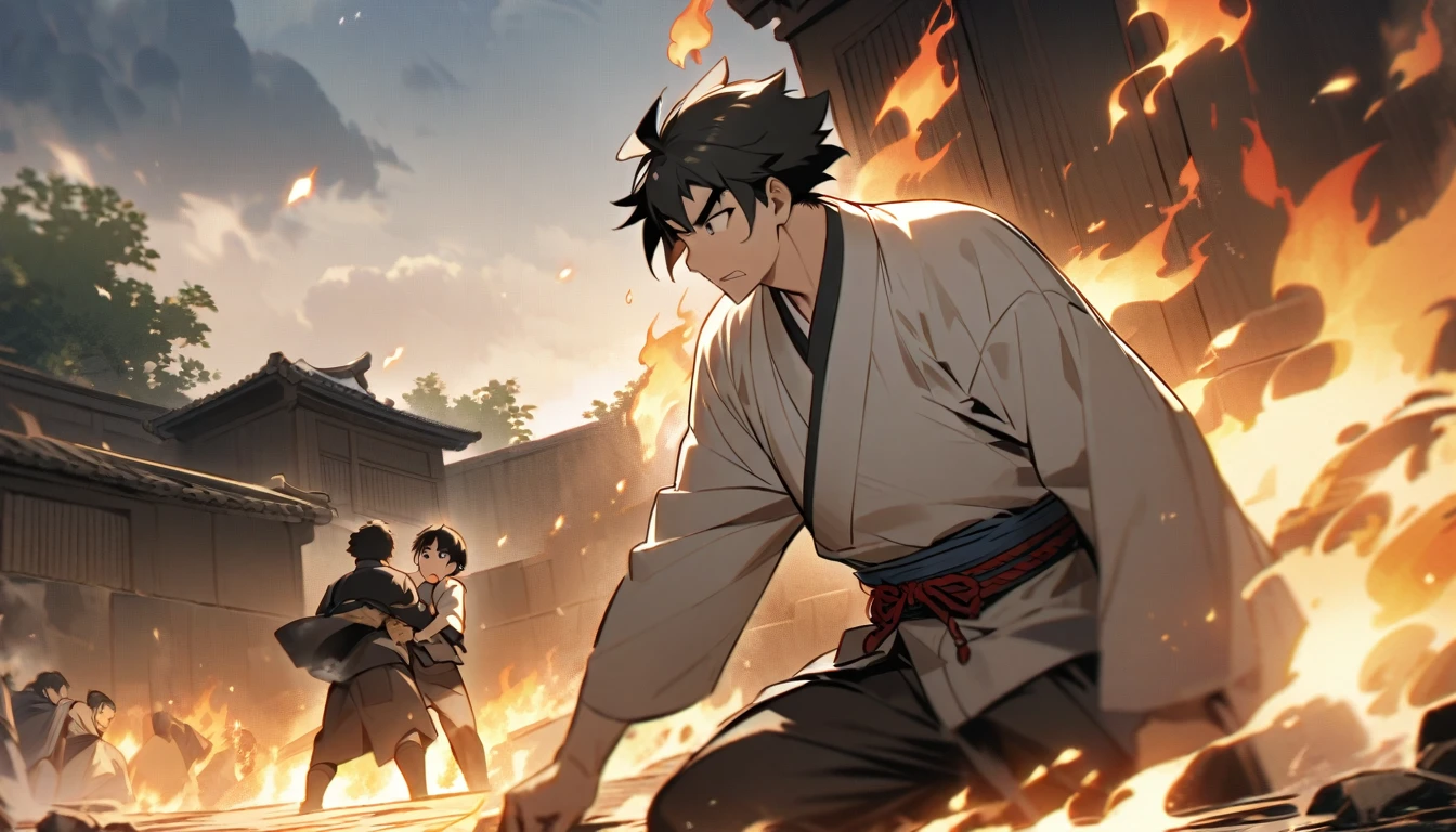 The scene where Ishikawa Goemon protects his son in the pot。Protect your son with your own body、A father facing hardship。Flames and heat are all around.、A tense scene。