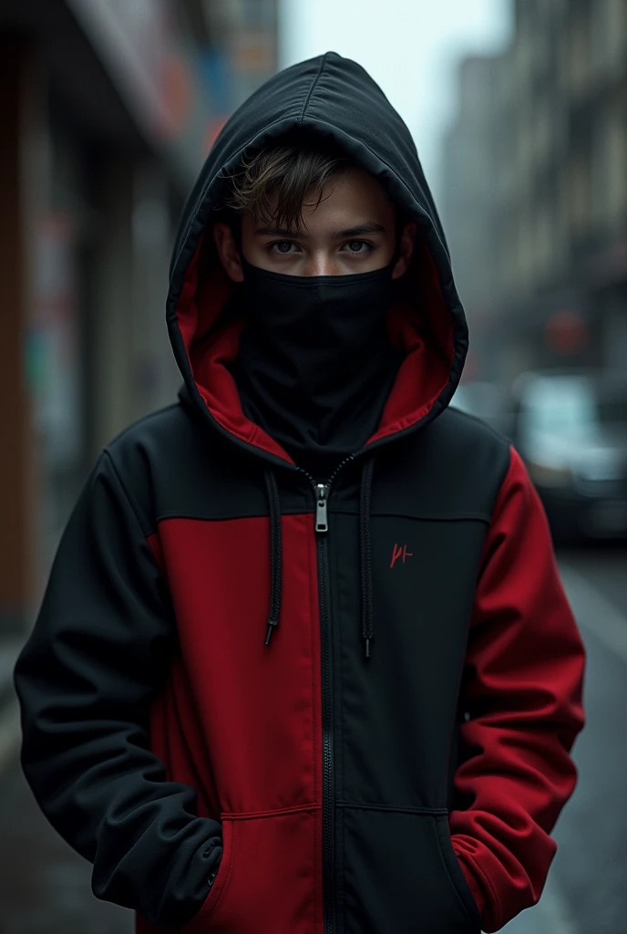 A 14 year old male wearing a black and red hoodie with a mask and no hood