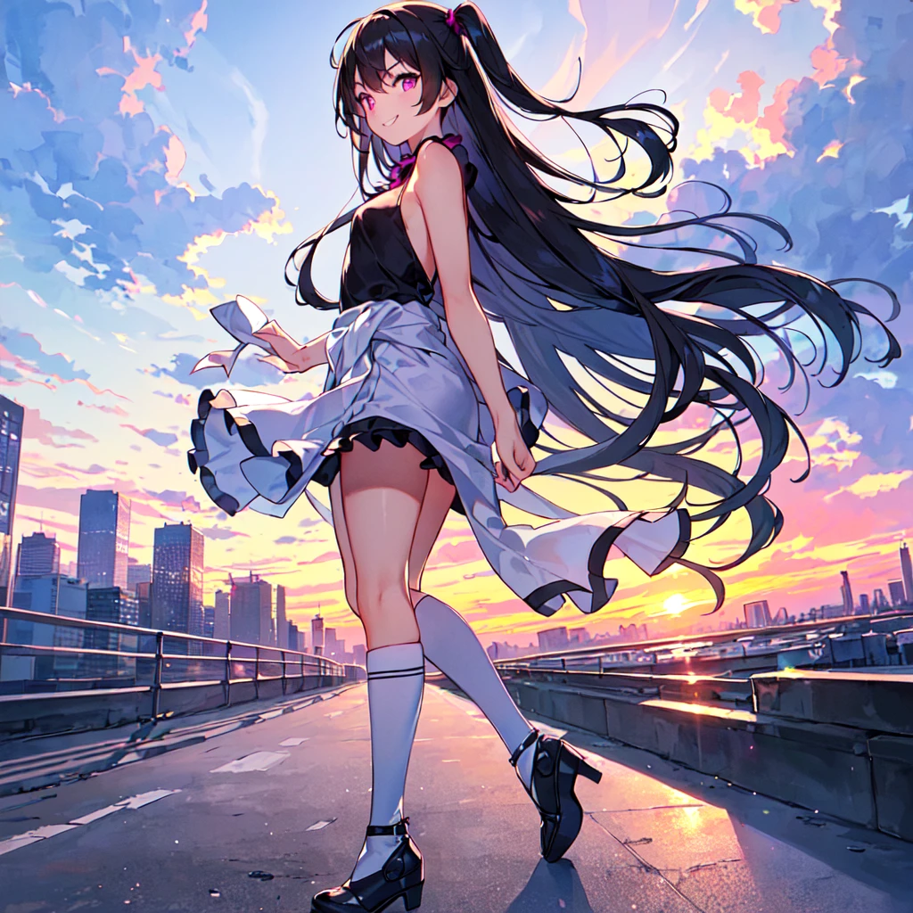 masterpiece, best quality, high quality, extremely detailed, very delicate and beautiful, (1 female 18 years old, solo: 1.5), (long black hair up to waist with two side up: 1.5), bangs to eyebrows, eyes (eyes sharp, strong, glossy, glossy eyebrows), (eye color magenta:1.3), 6.5 head height, (summer fashion: 1.3), knee socks, lace, frills, (smiling), (walking), (dynamic pose), (looking at city from summer hill: 1.3), (sunset: 1.3)