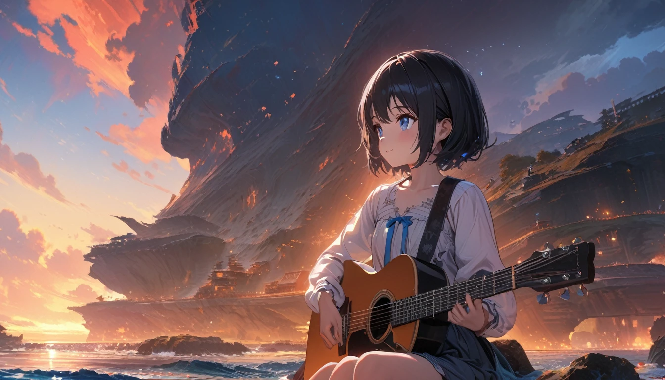 One beautiful girl, alone, She has a sweet smile and a flat chest., short hair, Black Hair, blue eyes, Beautiful depiction,, Seaside Sunset Serenade,Focus on the landscape,Landscape painting,The girl is playing the guitar while looking up at the sky,Masterpiece of a girl playing guitar,Highest quality,High resolution,Extra limbs,Missing limbs,extra digits,Fewer digits,Missing numbers,no fingers,Healed finger,mutated hands and fingers,Quiet night viewに浸る, 4K HDTV digital art, Ultra-detailed digital paintings, Capture every texture and nuance in 4K, Beautiful Art UHD 4K, Showcasing a stunning art style and dreamy digital paintings, Quiet night view, Intuitive Details, Anime art wallpaper to brighten up your space, 1 girl, Music Enthusiast, Highly detailed digital painting, 4K HDTV, Finely crafted and uniform, Sitting on the breakwater, Looking out over the quiet water, Great lighting to complement the scene, 4K Detailed Digital Art, Highly detailed digital painting, Capture every emotion、