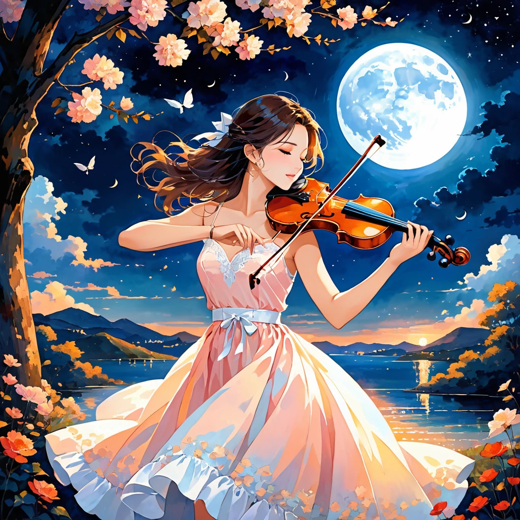 A romantic and emotional scene set under a night sky. A person is playing a violin, their fingers dancing gracefully on the strings. The moon is shining softly above, casting a gentle glow over the scene. The atmosphere is filled with a sense of nostalgia and passion, as the music seems to bring memories to life. The surrounding is serene and intimate, evoking a sense of deep connection and harmony between the person and their instrument, with the melody of love and longing resonating in the air