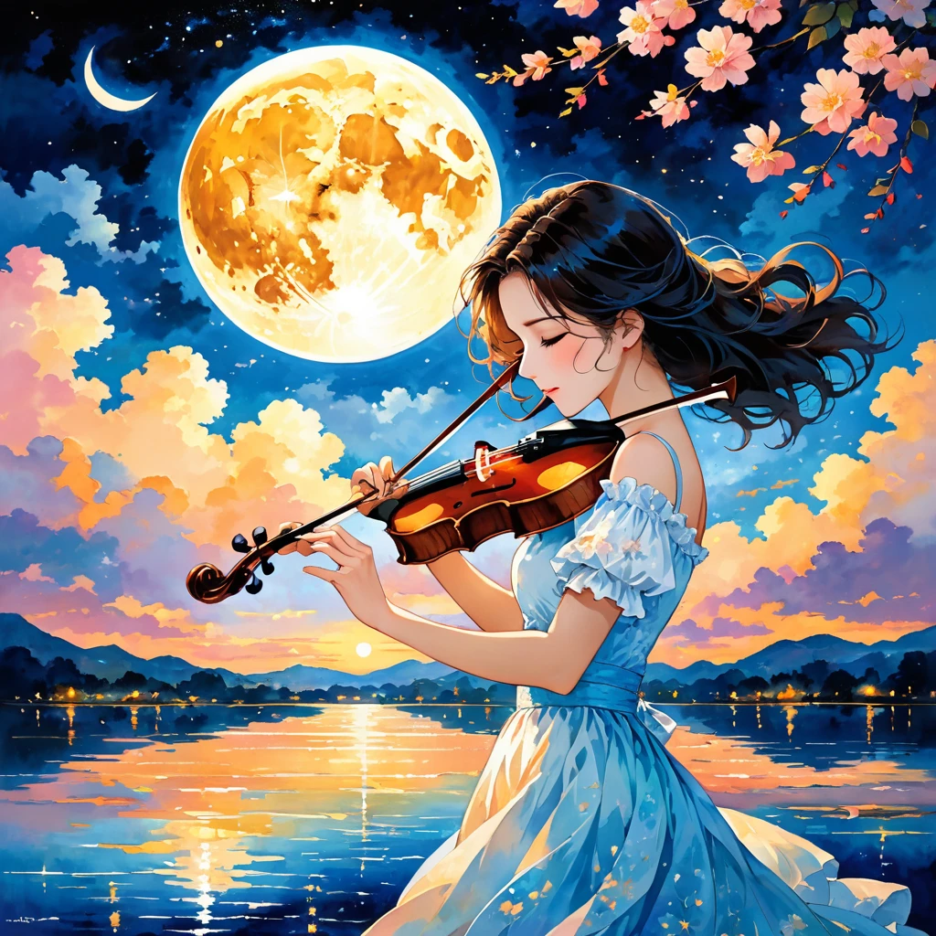 A romantic and emotional scene set under a night sky. A person is playing a violin, their fingers dancing gracefully on the strings. The moon is shining softly above, casting a gentle glow over the scene. The atmosphere is filled with a sense of nostalgia and passion, as the music seems to bring memories to life. The surrounding is serene and intimate, evoking a sense of deep connection and harmony between the person and their instrument, with the melody of love and longing resonating in the air