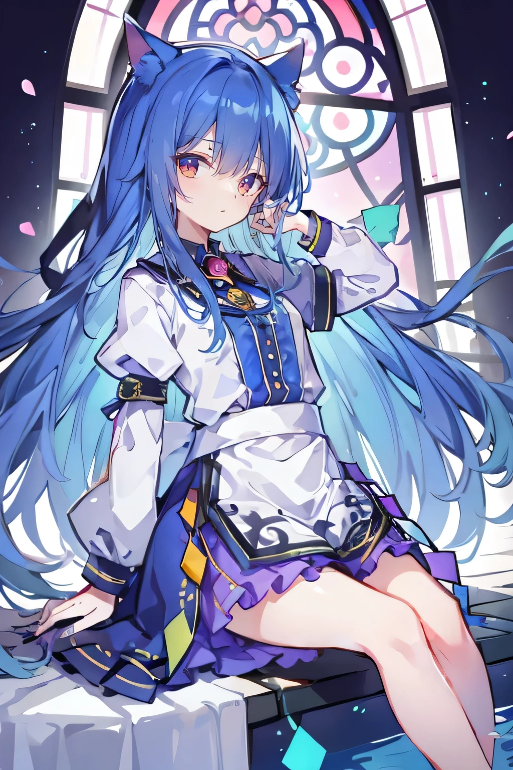 (masterpiece:1.2),Extremely detailed,Practical,expressive eyes,Fair skin,Perfect face shaping,1 Girl,
Japanese cartoons,Gorgeous blue hair, the long flowing blue hair,Floating clothes,Cat ears,Petals fall,beautiful lola,Young Angel,
Place your hands on your waist,sit elegantly on the ground,Cross your legs,Gentle and peaceful background,church,nun，Place your hand on your lips，Shy face。