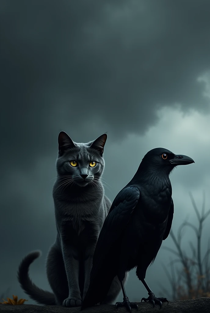 Cat and crow in one frame,background dark sky