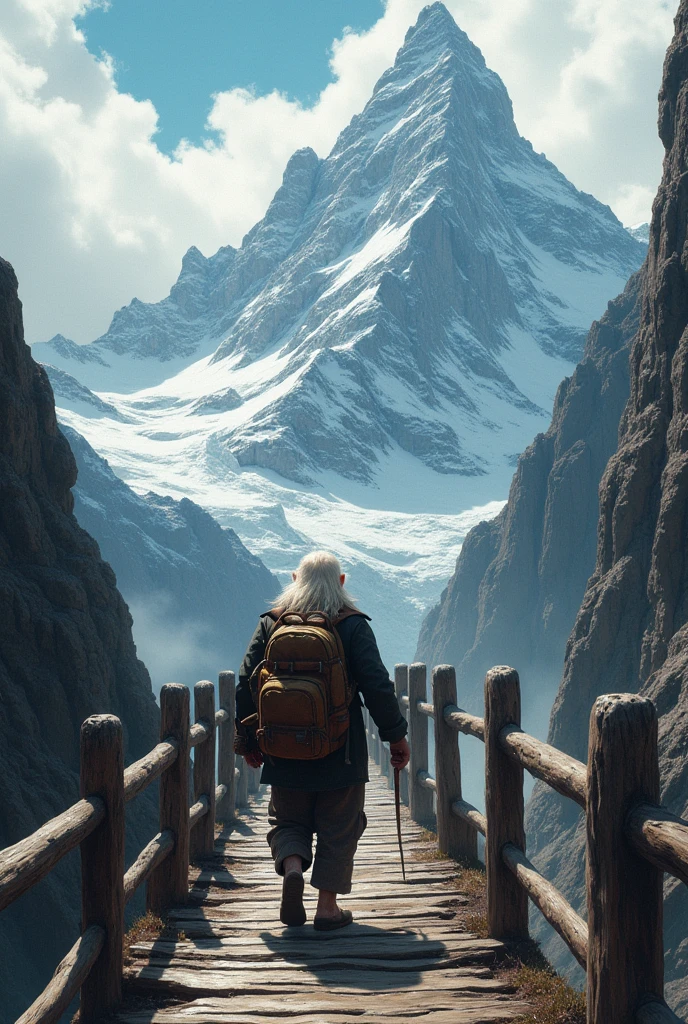 elderly man from behind climbing wooden bridge leading to high mountain