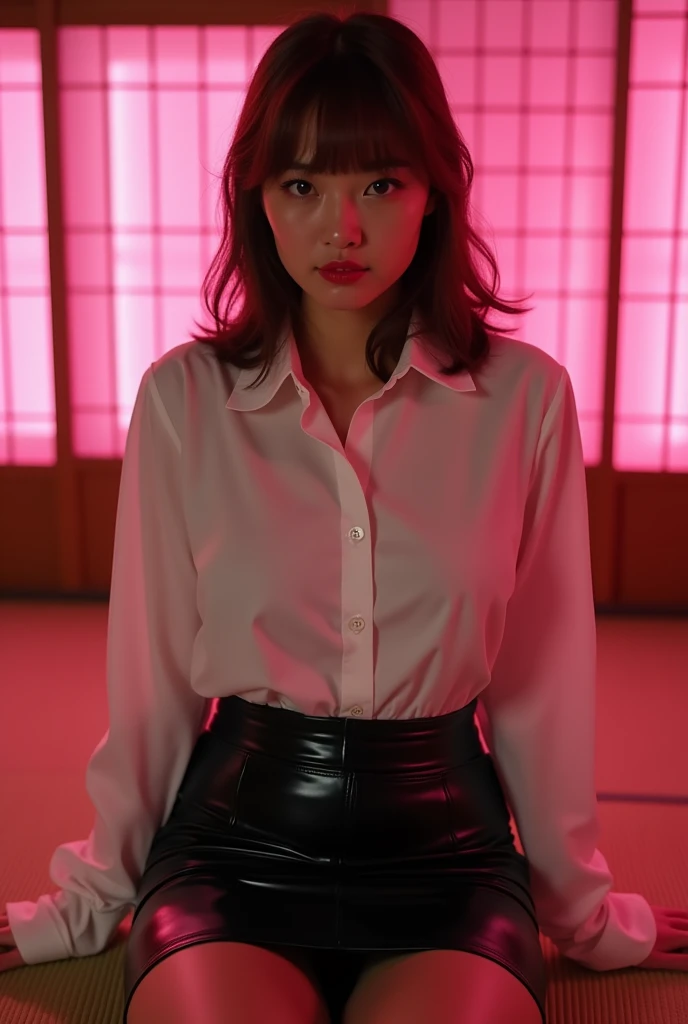 ((Japanese actress)) Mature Woman ((Plump, bright red lips with lipstick)) Big Breasts Chubby A healthy figure ((Brown hair with bangs)) ((Looking into the camera)) Sit with your legs apart ((White button shirt and black enamel tight skirt)) Low-angle shot of a person standing facing forward look down ((A bedroom with shoji and tatami mats lit up in pink neon lights))