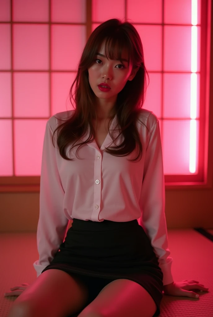 ((Japanese actress))　Mature Woman　((Plump, bright red lips with lipstick))　Big Breasts　Chubby　A healthy figure　((Brown hair with bangs))　((Looking into the camera))　Sit with your legs apart　((White button shirt and black enamel tight skirt))　　Low-angle shot of a person standing facing forward　look down　((A bedroom with shoji and tatami mats lit up in pink neon lights))　