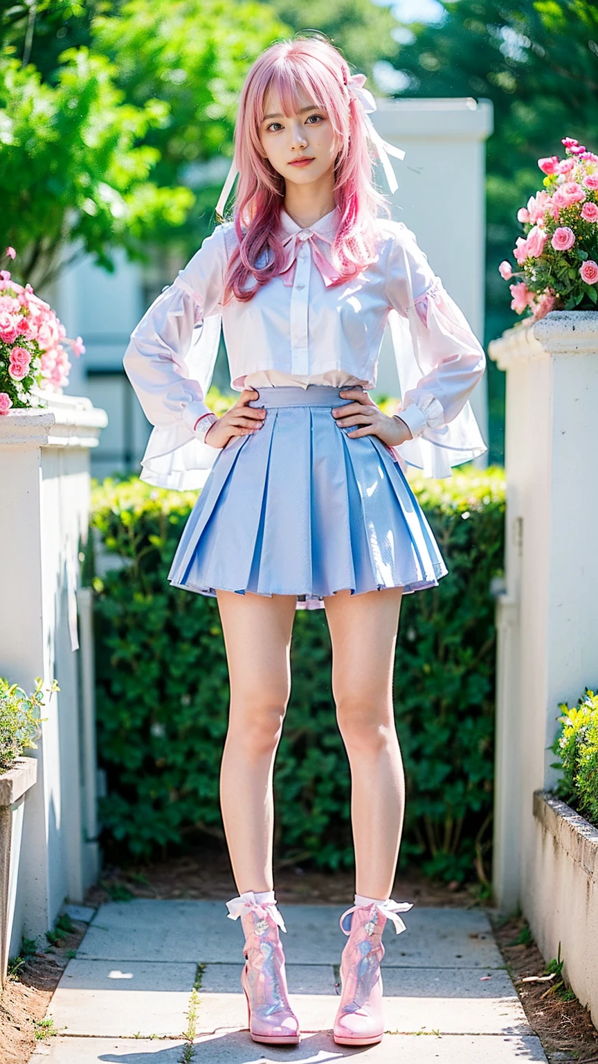 (8k、RAW Photos、Highest quality、masterpiece:1.2)、(Realistic、Realistic)、1 girl、((white、pink、light blue、mini skirt、pinkの髪、Breast enlargement、boots、ribbon、Thin legs、whole body、View from the front、Looking into the camera、ribbon、garden、See-through、Stand with hands on hips))、cute