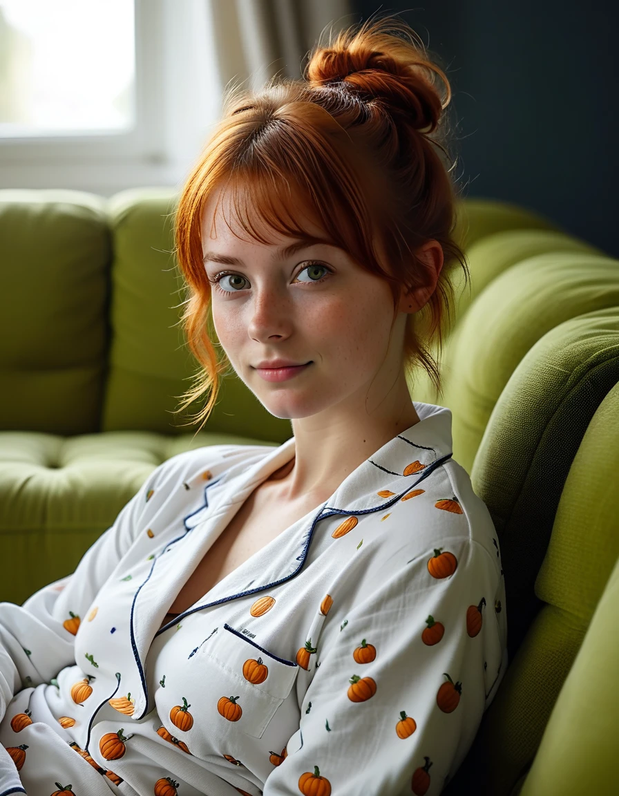  Hasselblad Award Winner, sharp, 24 yrs old cute and natural british girl posing on a sofa, light smirk, Pumpkin-Spiced Red bun hair, porcelain white skin texture, perfect luscious body, big expressive lime eyes, cute pyjamas, rim light