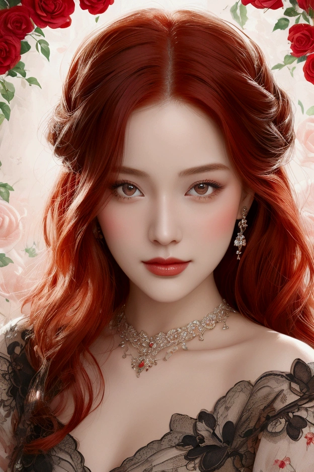 portrait of a red haired woman reflections, dark light, Red hair, loose in the wind ,on her face that highlight her beauty, black eyes, in full color, beautiful face very detailed, freedom, soul, digital illustration, approaching perfection, dynamic, Very detailed, A mesmerizing vintage-inspired captures a voluptuous female subject oozing elegance and charm. Her fiery red hair is intricately styled up, with delicate strands framing her enticing, alluring smile. She dons an enchanting floral dress with an intricate plunging neckline, embellished with leather and detailed lace. The background, rendered in a soft focus, unveils a romantic garden teeming with vibrant roses and blooming florals. The overall atmosphere of the painting exudes romance and nostalgia, encapsulating a timeless essence of beauty and grace., paintingconceptual art, smooth, sharp focus, illustration in the style of artists such as Russ Mills, sakimichan, Oh!