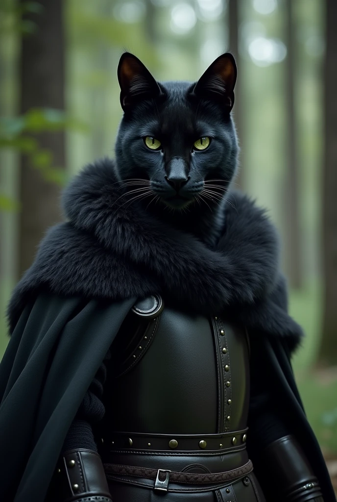 black knight with black cat face in a forest