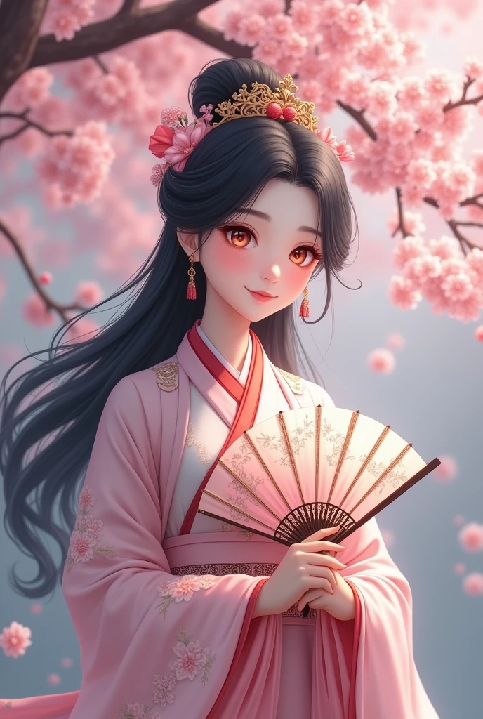 Genshin girl wearing hanfu standing fown chery blossom tree with black and peach hair color and mistyrose eyes color holding fan with smile with natural make up hang out with xiao