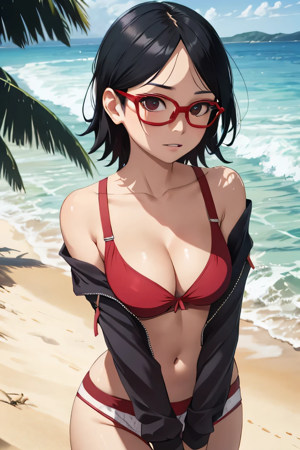 1 rapariga, Forehead,Photo assignment,Red glasses frame, Beach postcard,(Off-the-shoulder attire) Models,(No shoulder strap),MagazineCover,sexy panties, perfect breasts, groin, nipple, pussy, fullbody, bellybutton, thigh cleavage, no bra, Beautiful model, adolable, small, nipple, perfect hand,((Lori huge breasts cleavage)), cleavage, sexy body, underdressing, posing on the beach, hand free, tmasterpiece, Defiant eyes, ahegao, breasts out, gravure model, beautiful cinematography, k hd, Perspective from above, Old in sight, uchiha sarada, drops of sweat, Be red in the face, the sunset, cametto