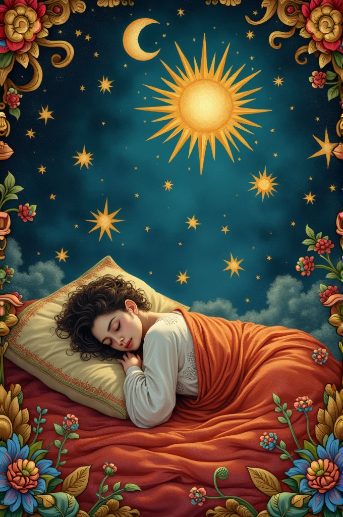  sleeping on a red carpet painted with sun, moon, and stars