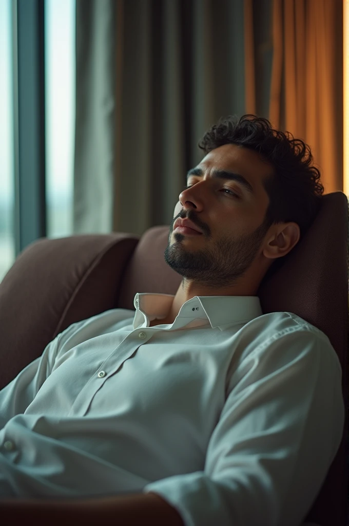 a a 35 yo man from United Arab Emirates in modern, chilling in aeroport buissines room for rest(best quality,4k,8k,highres,masterpiece:1.2),ultra-detailed,(photo-realistic:1.),HDR,extremely detailed face and body, portrait,cinematic lighting,soft lighting, not professional photo