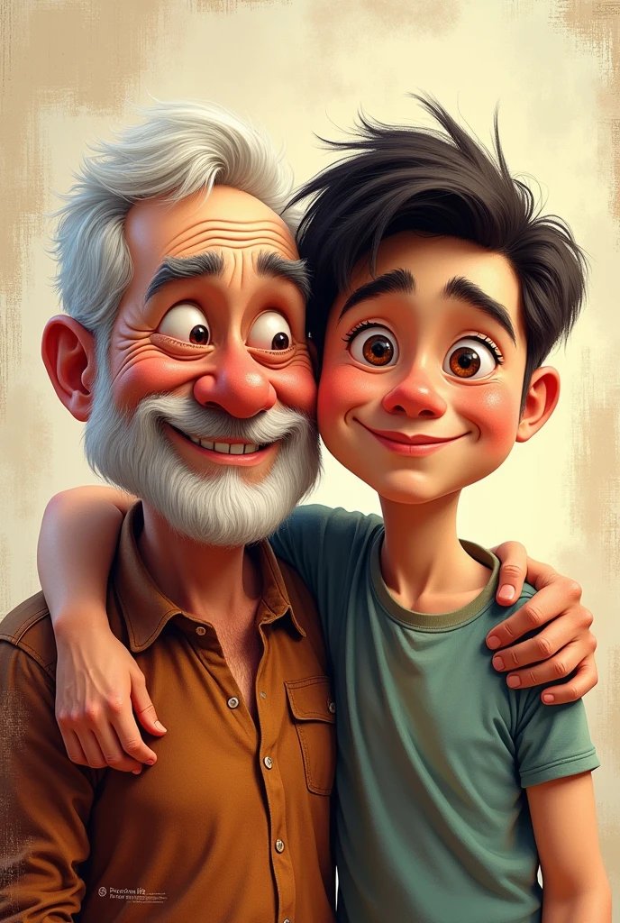 Create high resolution image of 60 year old man father and happy dark haired son in surrealist abstract drawing style in the form of artistic canvas and pixar