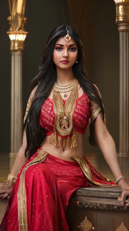 (Top quality, high resolution, accurate, masterpiece, 8k:1.5), (Realistic, Photorealistic:1.3), RAW photo, beautiful princess in indian red gold plated lahenga, necklace, jewelry, hair accessories, long weavy black heavy hair, light makeup, glass skin sleeping in the arms of a handsome king of dark complexion in a royal dhoti and no upper garment, ancient male jewelry.