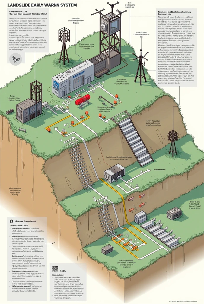 Here’s a conceptual diagram layout for a Landslide Early Warning System based on your description:
**1. Central Processing Unit (CPU)**
- **Location**: Centralized control room or on-site station.
- **Description**: Computer/server rack with data processing software and user interface.
**2. Sensors**
- **Seismometers & Geophones**
- **Location**: Multiple points around the landslide-prone area.
- **Description**: Cylindrical/rectangular devices with cables leading to CPU.
- **Inclinometers**
- **Location**: Embedded in the slope or on at-risk structures.
- **Description**: Tubular devices embedded vertically or mounted.
- **Piezometers**
- **Location**: Boreholes in the slope.
- **Description**: Small cylindrical devices in drilled holes.
- **Accelerometers**
- **Location**: Mounted on the ground or critical structures.
- **Description**: Compact, box-shaped devices.
**3. Communication Infrastructure**
- **Data Hubs**
- **Location**: Strategically placed for data collection.
- **Description**: Enclosures/boxes with antennas or wired connections.
- **Networking**
- **Location**: Between sensors, data hubs, and CPU.
- **Description**: Includes wireless antennas, fiber optic cables, satellite dishes.
**4. User Interface (UI)**
- **Location**: Accessed from CPU control room or remotely.
- **Description**: Displays real-time data, charts, and alerts on computers or tablets.
**5. Alert System**
- **Physical Alerts**
- **Location**: Visible in the affected area.
- **Description**: Sirens, flashing lights, or digital message boards.
- **Digital Alerts**
- **Location**: Sent to mobile phones, email, or other devices.
- **Description**: Automated messages or notifications.
**6. Power Supply**
- **Location**: Near sensors and CPU.
- **Description**: Solar panels, batteries, or electrical grid connections.
**Diagram Layout Example:**
- **Top-Down View