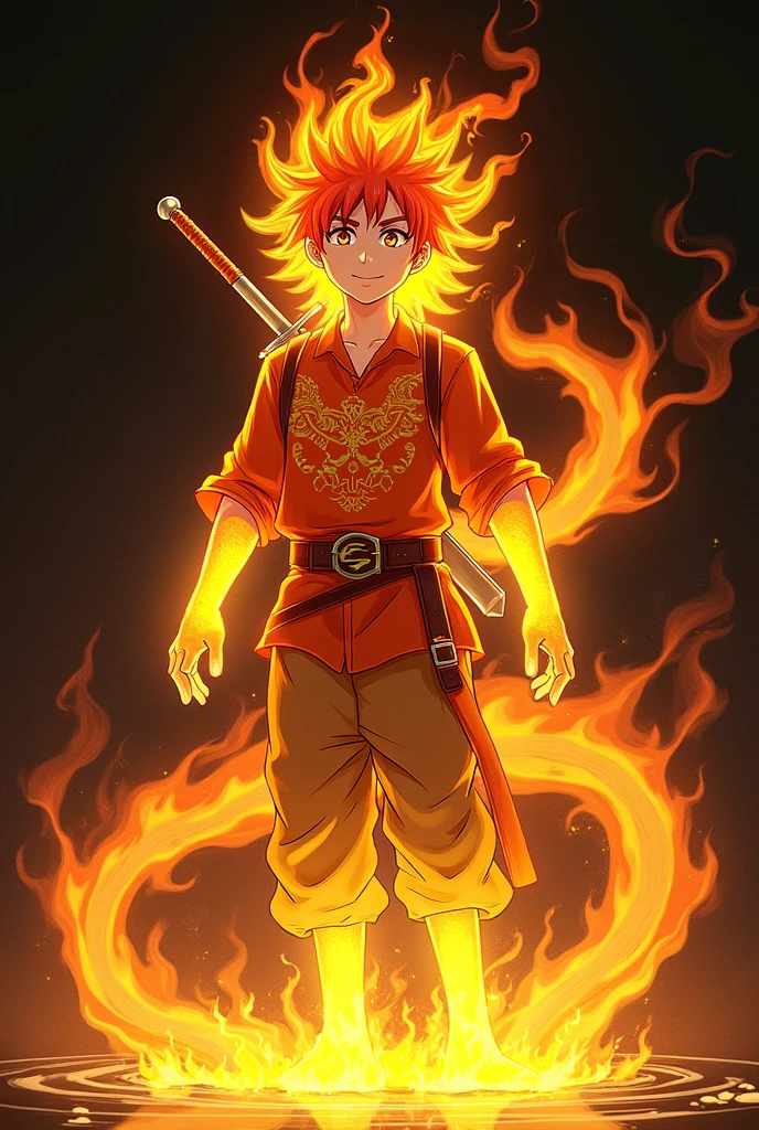 Man 12 years old, Fire Spirit, Transparent,anime, Chemise manches long, Peau jaune brillant, Long sleeve shirt, shiny yellow skin, gold dragon pattern shirt,Adventure Pants, Gold Belts, Human Flame , marché sur de l’eau noir, percé., Charred Skin, Sun Eyes, Orange Dragon Pattern Shirt, Red Fire Hair Yellow Tip, Long Hair Floating, Anime Style, No irises, transparent body, beautiful smile, sword on the back, flaming feet, fiery black background. 
