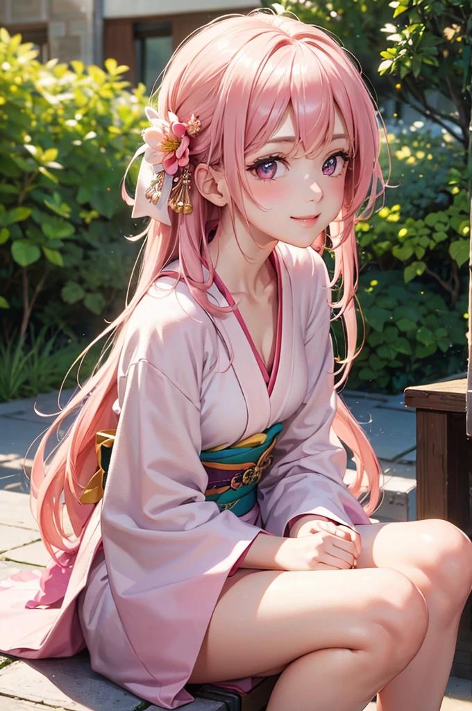Best Quality,High resolution,8k,finelity detailed background,Masterpiece:1.2),beautiful girl,Shiny pink hair,messy hair,Pink eyes,Gentle look,A refreshing look,smile,Best quality,Best Quality,Aesthetic and aesthetic:1.2,Best details((Super detailed))(High-definition CG illustrations),kimono,yukata,Slender body,noon,garden,smile,blush,cute,Scrounge,Looking up,Being spoiled,super model