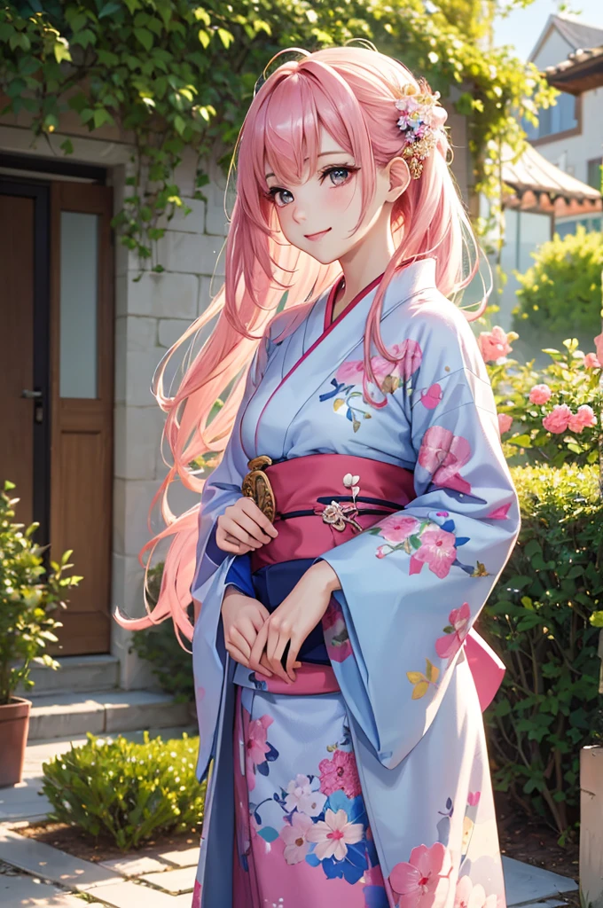 Best Quality,High resolution,8k,finelity detailed background,Masterpiece:1.2),beautiful girl,Shiny pink hair,messy hair,Pink eyes,Gentle look,A refreshing look,smile,Best quality,Best Quality,Aesthetic and aesthetic:1.2,Best details((Super detailed))(High-definition CG illustrations),kimono,yukata,Slender body,noon,garden,smile,blush,cute,Scrounge,Looking up,Being spoiled,super model