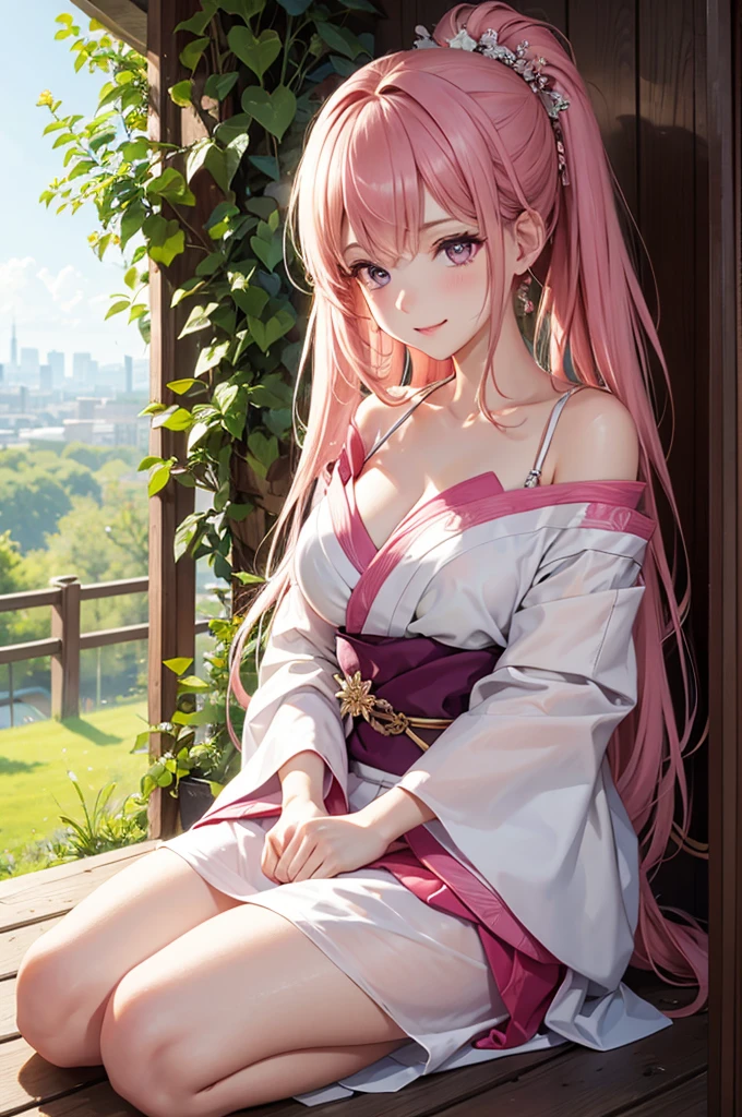 Best Quality,High resolution,8k,finelity detailed background,Masterpiece:1.2),beautiful girl,Shiny pink hair,messy hair,Pink eyes,Gentle look,A refreshing look,smile,Best quality,Best Quality,Aesthetic and aesthetic:1.2,Best details((Super detailed))(High-definition CG illustrations),kimono,yukata,Slender body,noon,garden,smile,blush,cute,Scrounge,Looking up,Being spoiled,super model