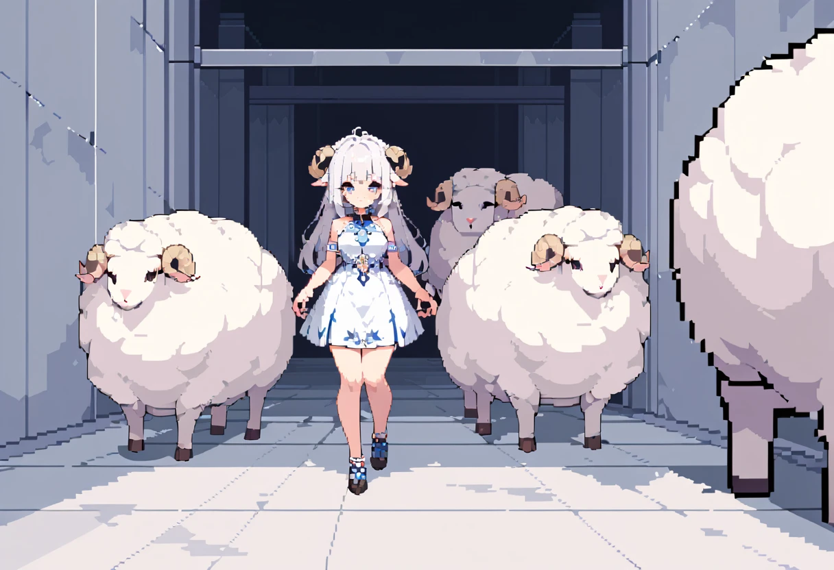 masterpiece, Highest quality, 8k, Pixel art, Vivid, young woman, Sheep, Full body portrait, (I&#39;m worried, Metropolis, A row of skyscrapers, Looking at the map, crying with eyes open, @ @, Open your mouth, Travel Cart), Fluffy long hair, Pink Hair, Hair like sheep&#39;s wool Thick eyebrows, one piece, Pink clothes, Long skirt, Light blue cardigan, Brown shoes