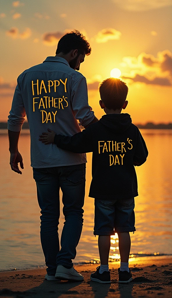 a father is a son together and a heart on the side of the father and son and a text written on the heart "HAPPY FATHER'S DAY" in black with gold
