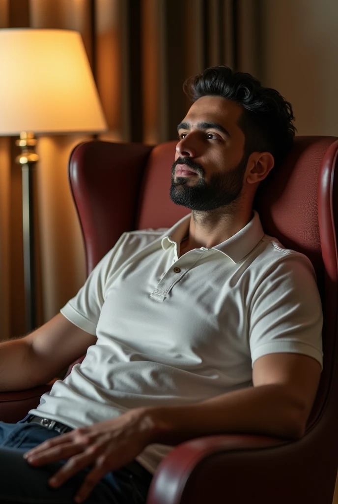 a a 35 yo man from United Arab Emirates in modern polo, lying in hotel chair,  (best quality,4k,8k,highres,masterpiece:1.2),ultra-detailed,(photo-realistic:1.),HDR,extremely detailed face and body, portrait,cinematic lighting,soft lighting, not professional photo