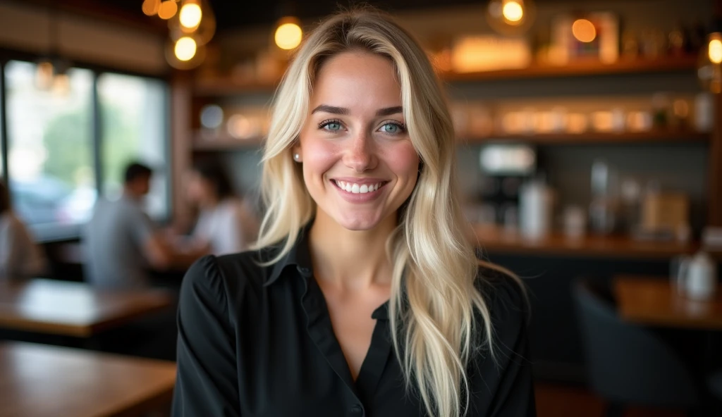 Real professional photography of a beautiful young adult woman, aged 35, with herself as the main subject. She should have fair, almost pale skin with a slight blush on her cheeks, long, straight platinum blonde hair and bright, expressive blue eyes that convey joy and friendliness. Her face should display a soft, friendly smile, creating a welcoming atmosphere. Her lips should be pink and slightly defined. The woman should be looking directly at the camera, with a cheerful and natural expression showing satisfaction in her work. She is wearing a black blouse, made of fine, elegant fabric, which contrasts with her hair and fair skin. The blurred background in the background is showing what appears to be the interior of a restaurant, displaying tables, a counter and people. The artificial lighting of the indoor environment with warm-toned décor, out-of-focus lights and bokeh effects add a touch of magic to the scene, creating a soft effect and highlighting the texture of the woman's skin and the sparkle in her eyes. The photograph must capture extreme detail, with a high-quality rendering in 8k, with professional photographic quality and attention to detail that conveys the realism of a restaurant, introspective atmosphere, bokeh, soft and diffused lighting.