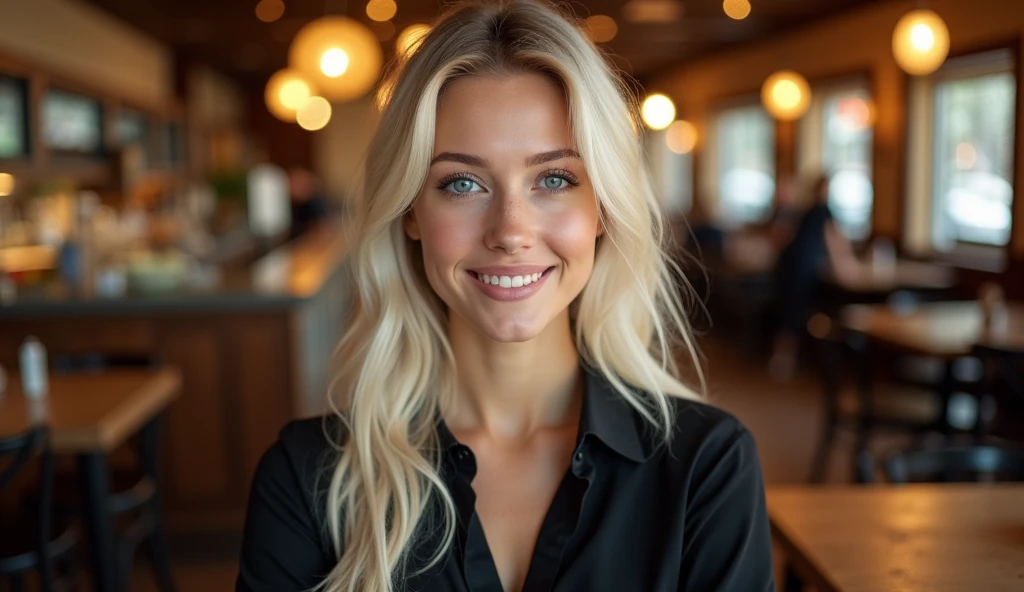 Real professional photography of a beautiful young adult woman, aged 35, with herself as the main subject. She should have fair, almost pale skin with a slight blush on her cheeks, long, straight platinum blonde hair and bright, expressive blue eyes that convey joy and friendliness. Her face should display a soft, friendly smile, creating a welcoming atmosphere. Her lips should be pink and slightly defined. The woman should be looking directly at the camera, with a cheerful and natural expression showing satisfaction in her work. She is wearing a black blouse, made of fine, elegant fabric, which contrasts with her hair and fair skin. The blurred background in the background is showing what appears to be the interior of a restaurant, displaying tables, a counter and people. The artificial lighting of the indoor environment with warm-toned décor, out-of-focus lights and bokeh effects add a touch of magic to the scene, creating a soft effect and highlighting the texture of the woman's skin and the sparkle in her eyes. The photograph must capture extreme detail, with a high-quality rendering in 8k, with professional photographic quality and attention to detail that conveys the realism of a restaurant, introspective atmosphere, bokeh, soft and diffused lighting.