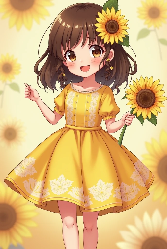 With a girl, Little、sunflower, , Medium pastel yellow white, Luxury Fabric, Dithering, Widespread,Viewer Lucky Brown,In dresses、、There are no protrusions on the head、There are no protrusions on the head、