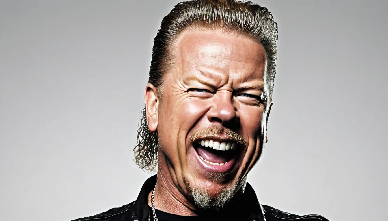 (cartoon style:1.2), gambar foto ([james hetfield]), angry smile, perfect eyes, detailed face, white background, fun posing, flirty look,