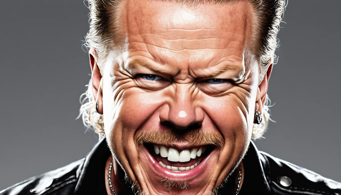 (cartoon style:1.2), gambar foto ([james hetfield]), angry smile, perfect eyes, detailed face, white background, fun posing, flirty look,