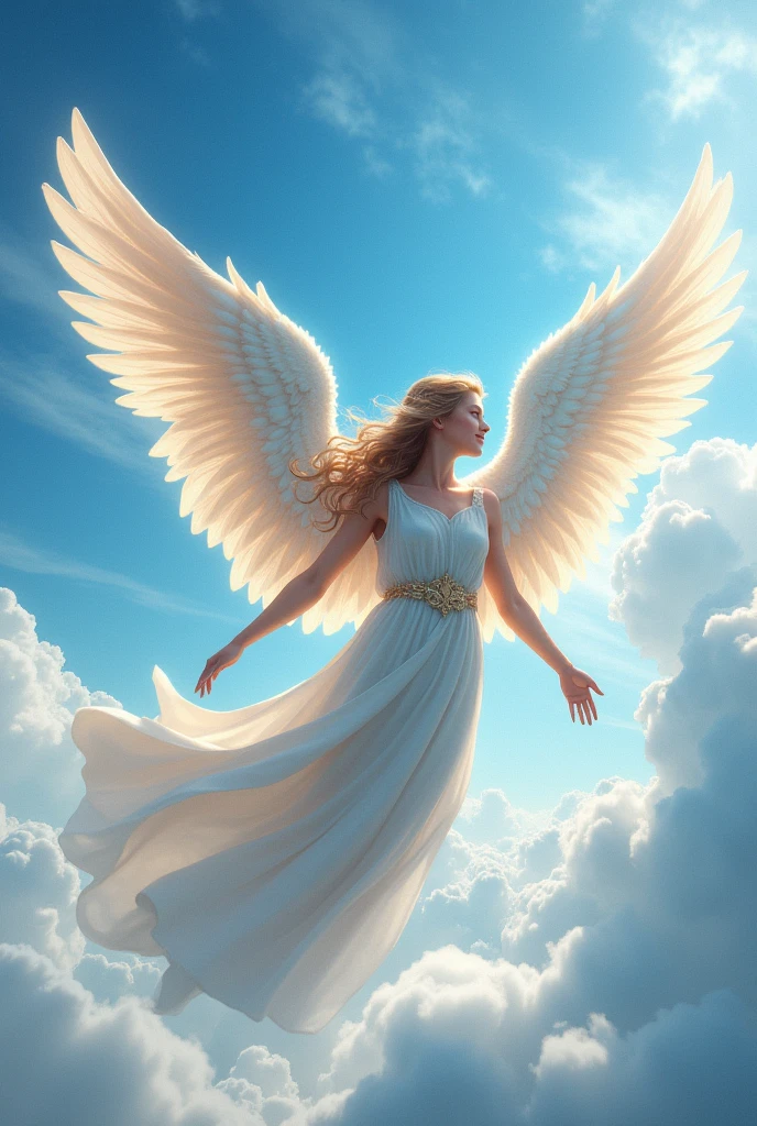 god々From the clear sky, Archangel Michael、６It spreads its wings wide and looks down on the earth from the sky.。Her face is so beautiful and full of kindness。