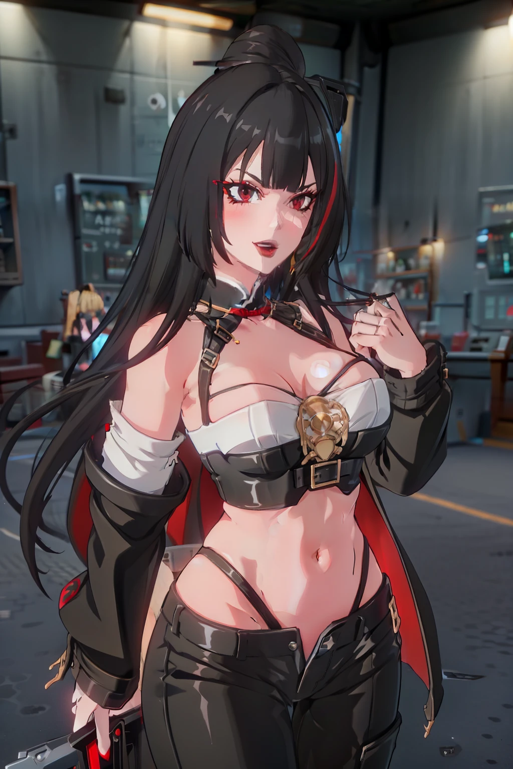 1girl,black hair,red nails, long hair, blush, lipstick,,jewelry, earrings, Hot girl, baddie, bad attitude, mean girl, crazy, smoking, sensual, attractive , bar background, inside bar, indoor, masterpiece, best quality, highly detailed, a girls with a gun, evil smile , open mouth, sexy gaze, badass pose , evil smile, smile, guns blazing, anime girl with long hair, beautiful long haired girl, navel, evil expression, exposed belly, exposed navel, exposed midriff, exposed lower belly, long black pants, crop top, cleavage, unbuttoned leather pants ,open fly, low rise black leather pants, leather jacket, holding a gun, holding pistol,