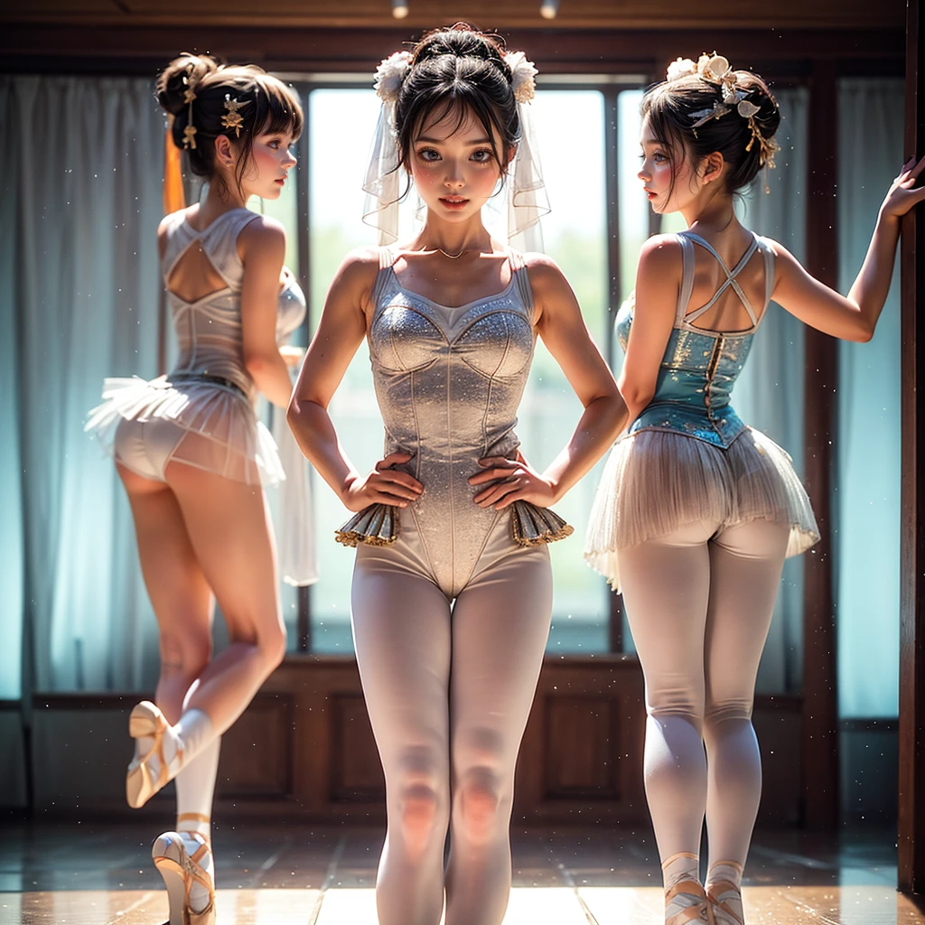 SFW, ExtremelyDetailed (((Kawaii Ballet Girls Group in a row:1.37))), Childish perfect face, Reflective Eyes, Detailed(Delicate Clothing textures), Dynamic Joyful Expressions LifeLike Rendering, (Specular Reflection:0.2), TopQuality 8K Ultra-detailed masterpiece (ProfessionalPhoto:1.37), (Acutance:0.8), (Luminism:1.28), (Light particles:0.75), (Muscle:-0.5), facing away (from side ) (Clearly visible Beautiful hip shape)