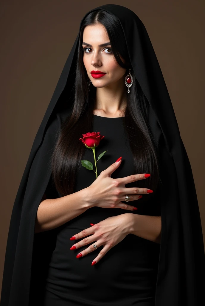 beautiful 50 year old woman in black dress with red roses long straight black hair red lipstick large earrings with red stones black cape with hood pointed and curved red nails 
