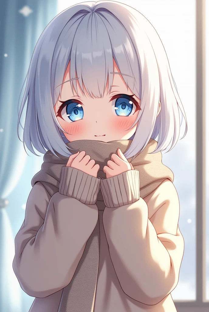 An adorable and shy girl, enveloped in an aura of delicacy. Her snow-white hair and bright light blue eyes exude an ethereal beauty.. pale skin, seems to be cold, wearing cozy sweaters and soft scarves. blushed, hiding your face behind a book. sweet smile. anime styling.