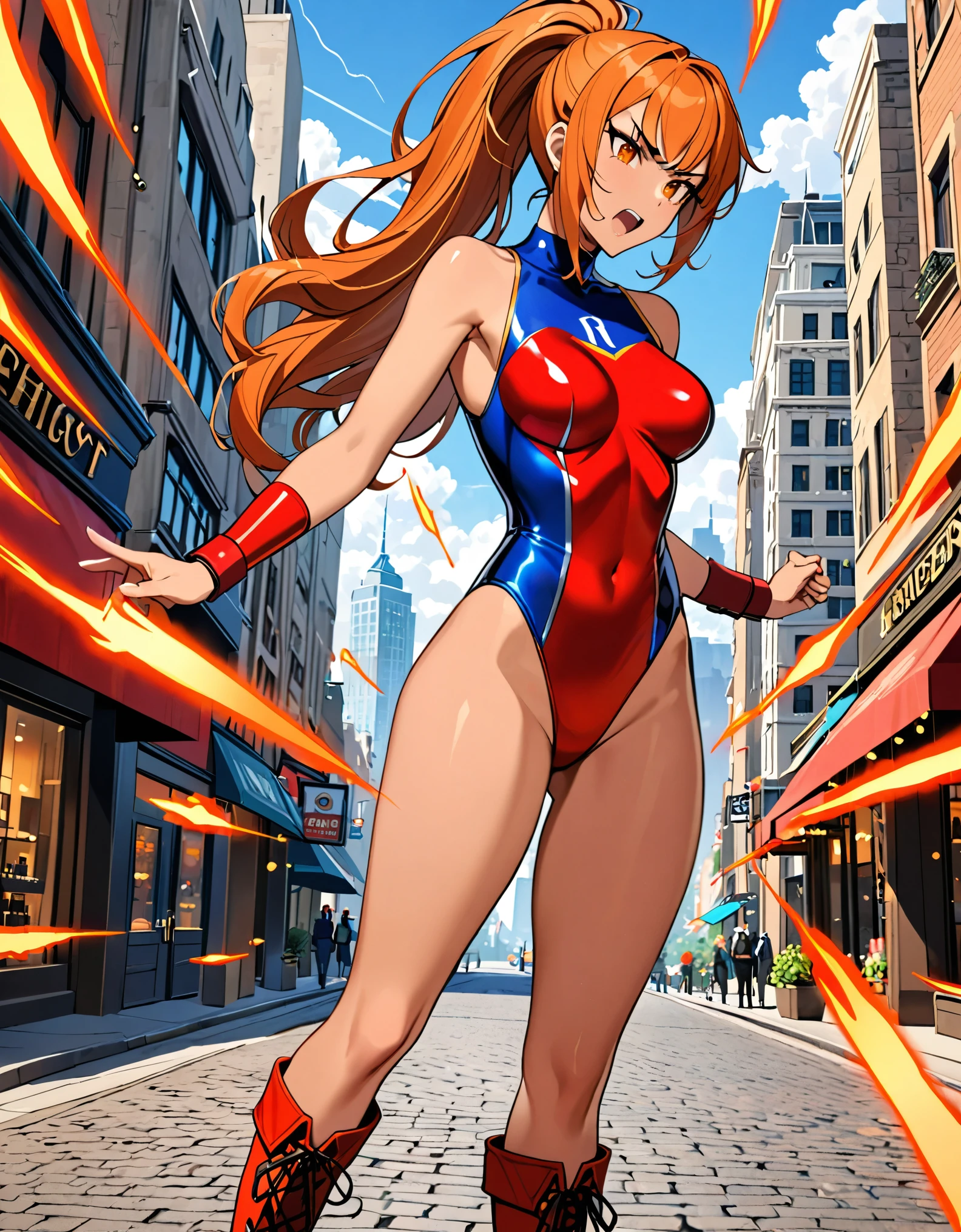 (masterpiece), (best quality), (high res), 1lady, tall body, finger proportions coordination, highly detailed, professional, (((silver-skinned female))), beautiful detailed eyes, beautiful detailed face, perfect hands, complete fingers, (red wristbands), perfect anatomy, perfect proportions, (orange hair with orange accents, long hair, ponytail hair), (orange eyes), (two piece leotard, red leotard with blue accents, matching leotard, sleeveless), (bare legs), (boots, matching boots, knee-high boots, blue boots), breasts, medium breasts, full body with costume, looking away, angry, v-shaped eyebrows, solo, solo focus. cowboy shot, city backdrop, jewelry store, outdoors. standing, powering up. intense atmosphere. bullets bouncing off her body, covered in an intense circular red aura.