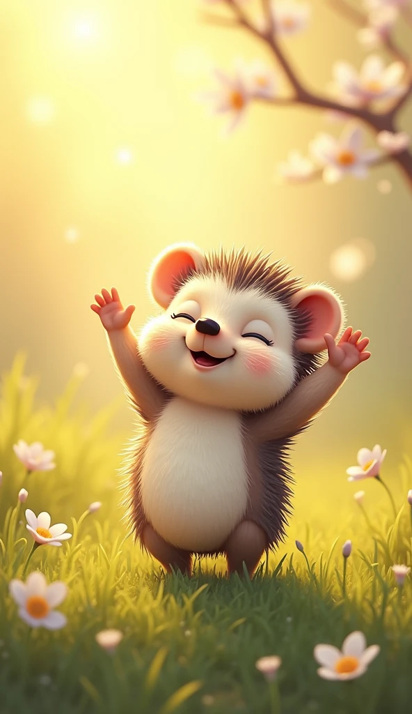 A cute and charming hedgehog character is doing morning stretches, greeting the new day with enthusiasm. The hedgehog stands on a soft patch of grass, reaching its tiny paws up to the sky as it stretches its body, eyes closed in a content expression. The early morning sun casts a warm, golden light over the scene, and the air is fresh with the scent of blooming flowers and dewy grass. Birds chirp in the background, and the hedgehog's quills gently sway as it completes its stretch. This delightful scene captures the hedgehog’s playful and healthy routine, emphasizing the joy of a peaceful morning and the simple pleasure of waking up with a good stretch.