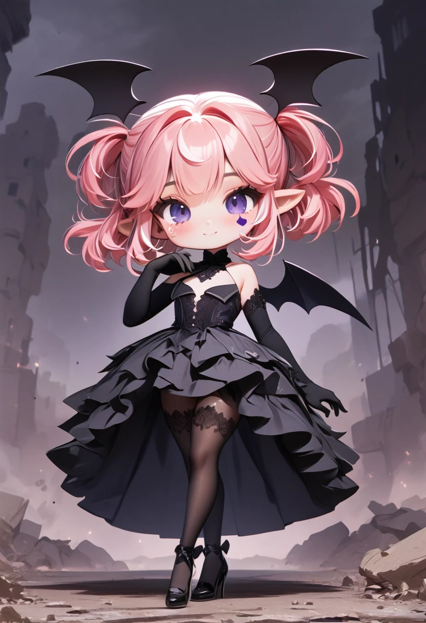 master piece, best quality, ultra-detailed, illustration, midnight, battlefield, gloomy atmosphere, broken castle, broken walls, ruins, purple flames, 1girl, solo, chibi, (big head), cute pose, front view, looking at viewer, ((full body Close up)), chubby, fat, 1girl, solo, camilavtuber, ((pink hair)), short hair, shoulder length hair, (black head wings:1.5), ((twin ponytail)), purple eyes, (facial mark), smiling, slim arms, black laced arm sleeves, black gloves ,small chest, (single back wing:1.4), black wedding gown, high slit gown, slim legs, black laced stockings, black high heels, full body shot, close up, innocent pose, Eye-Level Shot, front view, innocent pose