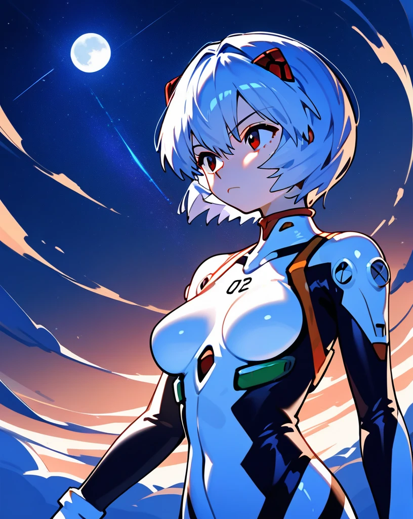 masterpiece,best quality,bracer, science_fiction, official_alternate_hairstyle, night_sky, closed_mouth, gloves, sky, looking_afar, cloud, neon_genesis_evangelion, pale_skin, 1girl, rebuild_of_evangelion, looking_to_the_side, solo, ayanami_rei, lunar_eclipse, night, medium_breasts, expressionless, eclipse, white_bodysuit, breasts_apart, bodysuit, upper_body, backlighting, starry_sky, moonlight, plugsuit, outdoors, hand_up, slit_pupils, official_alternate_hair_length, full_moon, star_(sky), turtleneck, evangelion:_3.0+1.0_thrice_upon_a_time, interface_headset, sidelocks, frown, moon, hair_over_one_eye, breasts, pilot_suit