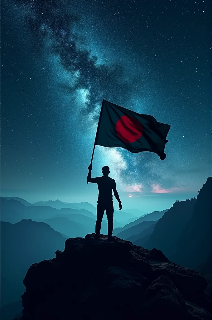 A man shadow stand in a mountain with a flag of Bangladesh in his hand in night in front a sky with galaxy, stars, planets etc