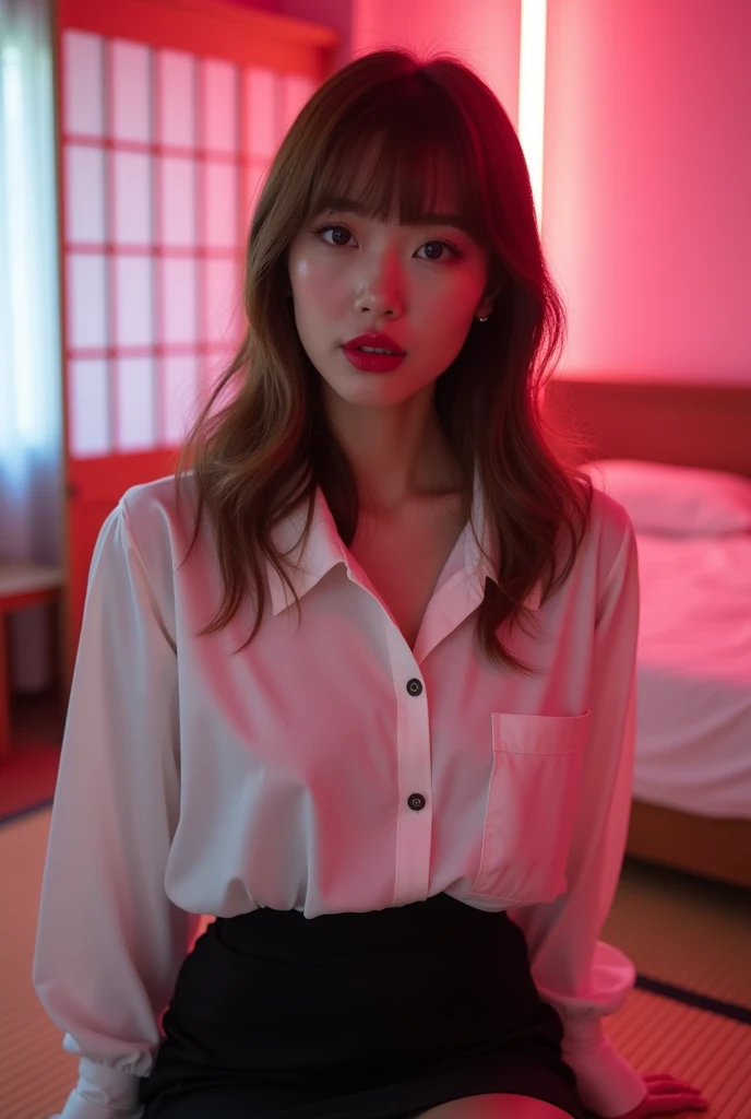 ((Japanese Idols))　Mature Woman　((Plump, bright red lips with lipstick))　Big Breasts　Chubby　A healthy figure　((Brown hair with bangs))　((Looking into the camera))　Sit with your legs apart　((White button shirt and black enamel tight skirt))　　Low-angle shot of a person standing facing forward　look down　((A bedroom with shoji and tatami mats lit up in pink neon lights))　