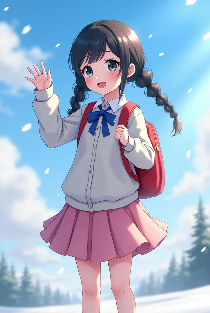 (alone:1.5),1 girl\(very cute,Soft Skin,(Girl:2.0),Child body type,Dark Eyes,(12 years old),Black Hair,Shiny Hair,Braided twin tails,Pink Skirt,White jacket(Blue ribbon\),Red School Bag\(be burdened with\) , Face the camera,Cute Smile,Wave your right hand,White Breath,rural area,shining white snow,blue sky,Beautiful Clouds,quality\(8k,Highly detailed CG unit wallpaper, masterpiece,High resolution,top-quality,top-quality real texture skin,Surreal,Increase the resolution,RAW Photos,最高quality,Very detailed,Cinema Lighting,Ray Tracing,)